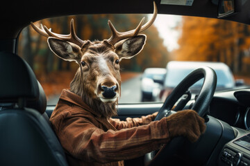 Deer as a driver violates traffic rules. - 661797390