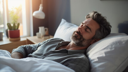 Man lying in  bedroom with a good sleep as healthy and well being concept