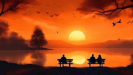 Silhouette of people sitting on a bench near a lake and watching sunset.