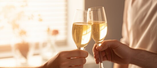 Married couple toasting with Champagne in bathrobes close up With copyspace for text