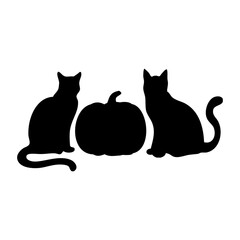 Logo con silueta de 2 gatos negros sentados con calabaza para su uso en invitaciones y tarjetas para el día de acción de gracias