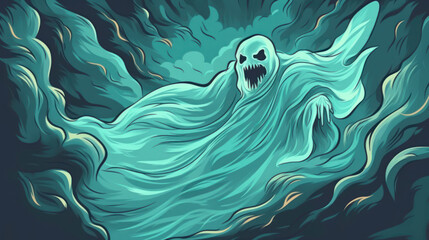 illustration of a ghost in teal tones