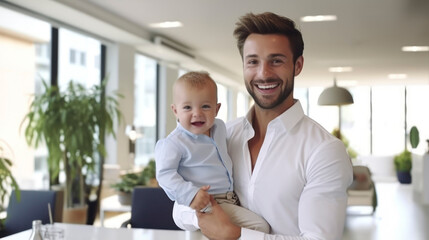 Obraz premium Father smile and hold his little son at home