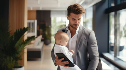 Male entrepreneur using smart phone for work while carrying cute baby