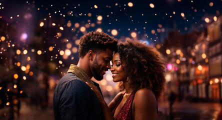 African american model couple, happy smiling man and woman in love, golden bokeh background, outdoors at night. Concept of party, disco, new year, dinner, desire, christmas, bridal, celebration, night - obrazy, fototapety, plakaty