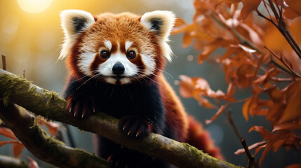 Obraz premium beautiful little panda on a branch with yellow autumn leaves