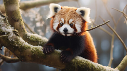 beautiful little red panda on a branch with moss and no leaves