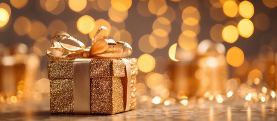 Christmas gifts festively wrapped with a ribbon in golden colors.