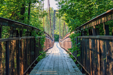 Old Metal Suspension Bridge with Wooden Floor Surrounded by Trees