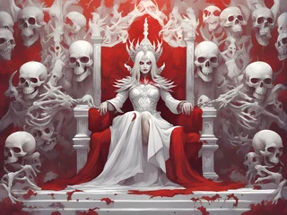 Fotobehang A witch sitting in a throne surrounded by human skulls. © saurav005