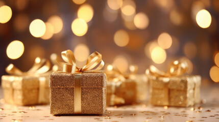 Christmas gifts festively wrapped with a ribbon in golden colors.