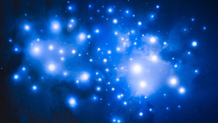 A beautiful constellation of blue stars. A large cluster of bright young stars. Pleiades in deep space.