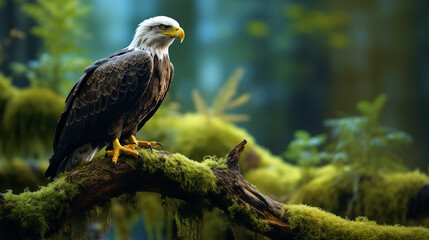 close up of a beautiful bald eagle sitting on a branch covered with moss in the forest