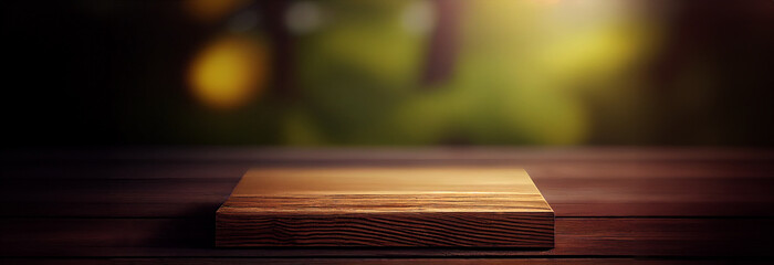 Empty wooden table top with blur garden background with bokeh for product display stage podium