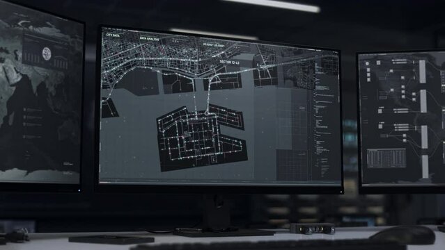 Modern tech searching for convicts direction in the night city gps track map. Spying tech searching for criminals hideout direction. Surveillance tech searching the runaway direction.