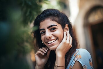 Lebanese smiling girl. Young beautiful lady in positive mood. Generate ai - obrazy, fototapety, plakaty