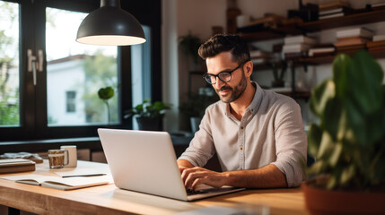 Male freelancer working on laptop at home or work from home concept