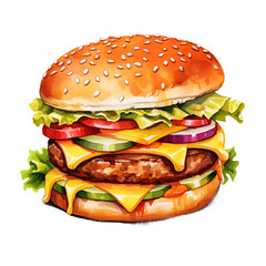 Double Cheeseburger Watercolor Illustration, Isolated - Delicious Fast Food Art