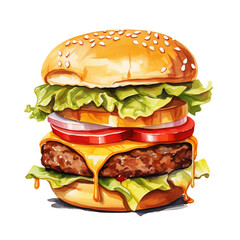 Double Cheeseburger Watercolor Illustration, Isolated - Delicious Fast Food Art