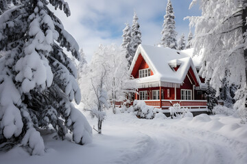 Fototapeta na wymiar Snow-covered solitude, Serene wooden house nestled in a winter wonderland,