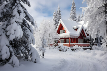 Naklejka premium Snow-covered solitude, Serene wooden house nestled in a winter wonderland,