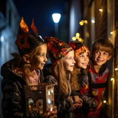 Obraz na płótnie Canvas Children celebrating halloween night in the streets with their masks