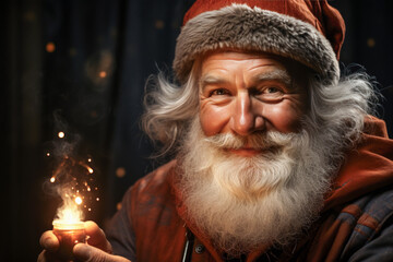 Obraz premium Smiling Santa Claus offering a magic light in his hands Papa Noel