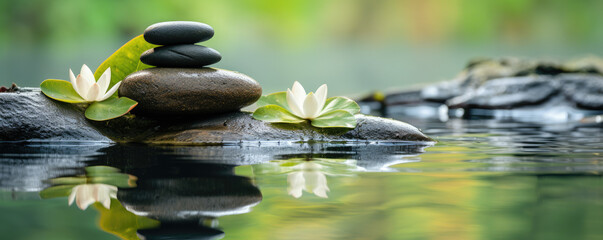 Fototapeta na wymiar Zen stones on water surface with green leaves