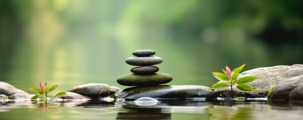 Zen stones on water surface with green leaves