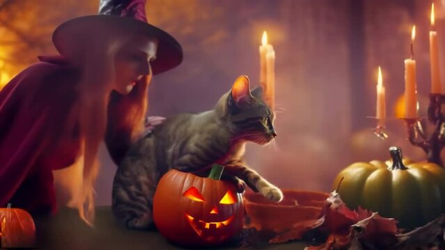 Witch witch with cat around pumpkins, glowing pumpkin and flying candles, a Halloween illustrated animated spooky short video.