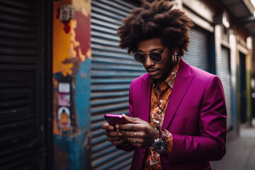 Portrait of handsome afro man using his mobile - obrazy, fototapety, plakaty