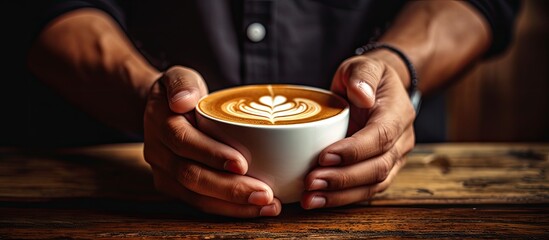 Fototapeta na wymiar Man s hands in a caf preparing cappuccino breakfast coffee and caffeine drink Enjoy espresso dairy and barista s latte art in a coffee shop for retail and mocha preparation With copyspace f