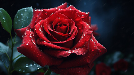 beautiful red rose with green leaves and water drops on petals close up and on dark background