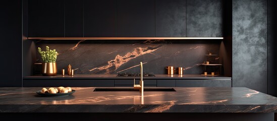 Luxurious black and gold themed kitchen in a modern residential area With copyspace for text