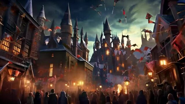 A dark town with giant houses, castles flying bats, and residents going downtown, a Halloween illustrated animated spooky short video.