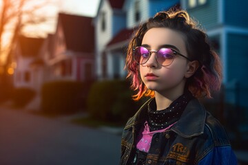 Nerdy goth girl. Nerd female character with pink fashion sunglasses. Generate ai