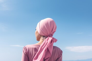 woman with a pink headscarf, concept visualization breast cancer