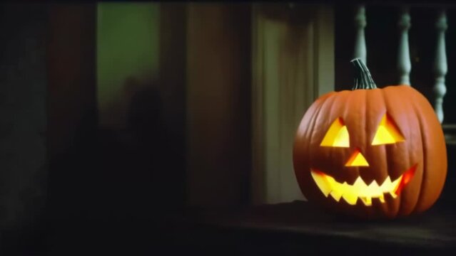 A giant glowing pumpkin and the mist flying in front of it, a Halloween illustrated animated spooky short video.