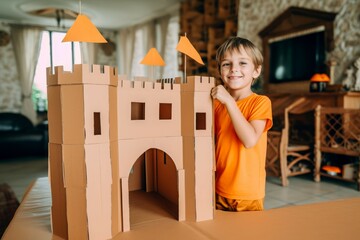 Simple carton castle for kids. Cardboard medieval castle for children playing. Generate ai