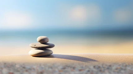 Foto op Plexiglas several smooth stones with a beautiful pattern stand on top of each other in perfect balance on the shore with a blurred background © MYKHAILO KUSHEI
