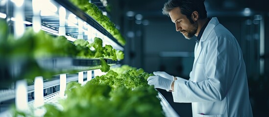 Male scientist researching organic vegetables in a white uniform on an indoor vertical farm With copyspace for text
