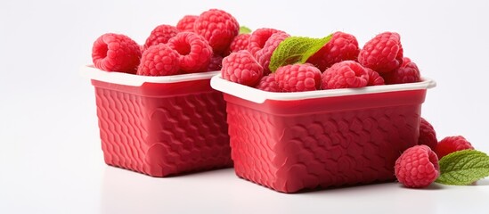 Local farm containers filled with organic fresh raspberries With copyspace for text