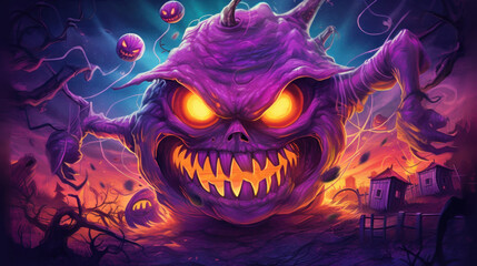 Illustration of a monster in shades of purple. Halloween.