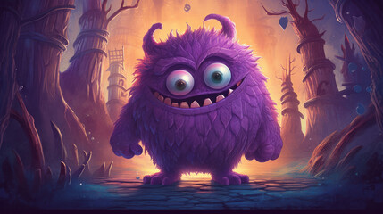 Illustration of a monster in shades of purple. Halloween. - obrazy, fototapety, plakaty