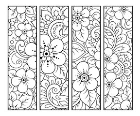 Printable bookmark for book - coloring. Set of black and white labels with flower patterns, hand draw in mehndi style. Sketch of ornaments for creativity of children and adults with colored pencils.