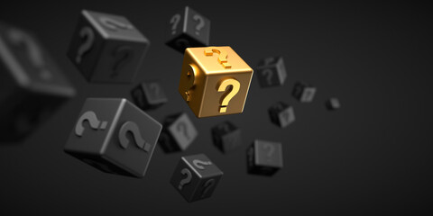 Black cubes and gold cube with question marks floating on black background - 3D illustration - obrazy, fototapety, plakaty