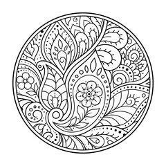 Outline round flower pattern in mehndi style for coloring book page. Antistress for adults and children. Doodle ornament in black and white. Hand draw vector illustration.