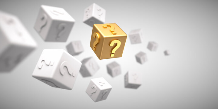 White cubes and gold cube with question marks floating on black background - 3D illustration
