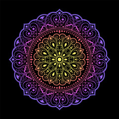 Color circular pattern in form of mandala with flower for decoration or print. Decorative ornament in ethnic oriental style. Rainbow design on black background.