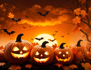 Digital illustration of jack-o-lanterns in autumn forest. Concept of Halloween. CG Artwork Background